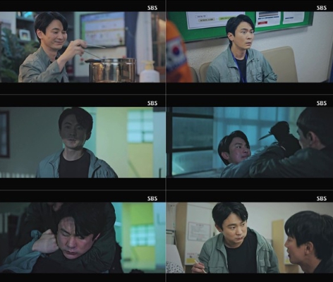 ‘소방서 옆 경찰서’ 강기둥, 폭탄설치범 지현준과 격투! 온몸 내던진 액션!