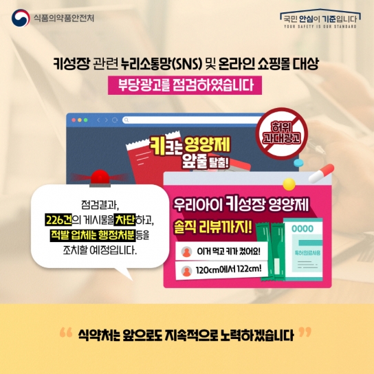 식약처, '어린이 키성장' 불법·부당광고 226건 적발