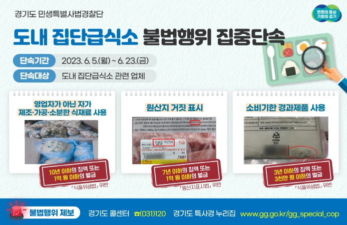 경기도 특사경, 집단급식소 불법행위 집중 단속