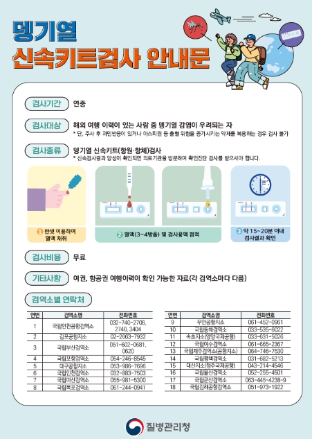 질병청, "해외여행 후 검역소에서 뎅기열 무료 검사 받으세요"