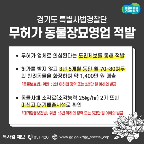 경기도 특사경, 3년 넘게 월평균 80여 마리 반려동물 화장한 불법 장묘업자 적발